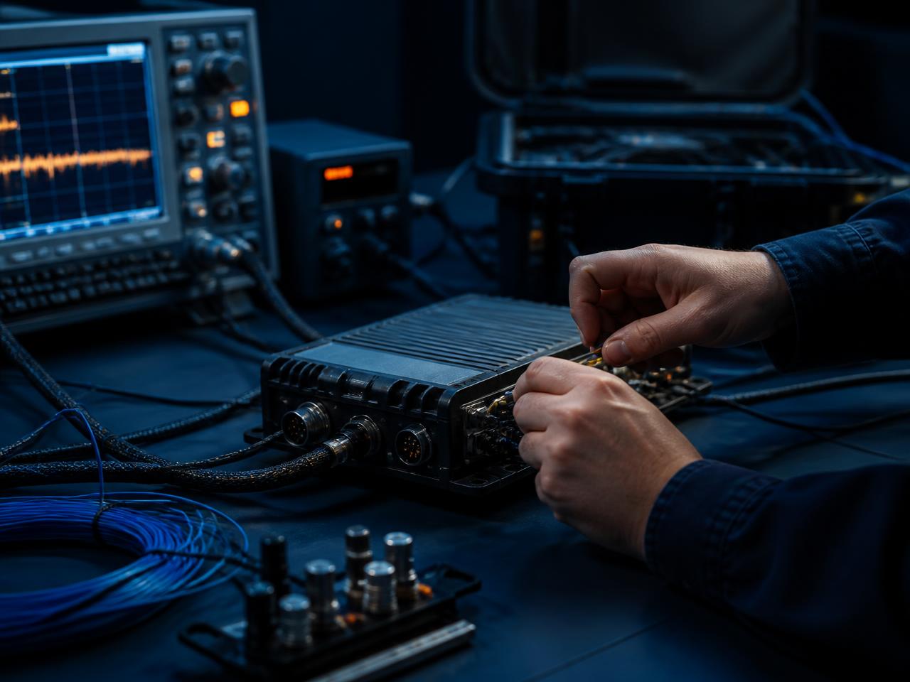 ETIT engineer terminating cabling and testing a telematics unit on a workbench