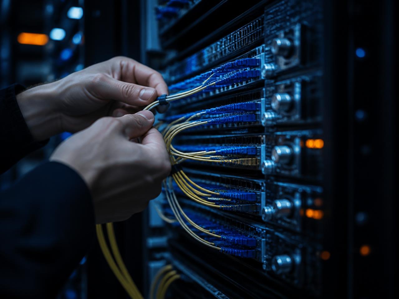 Close-up of a technician dressing fibre patch cabling in a network rack