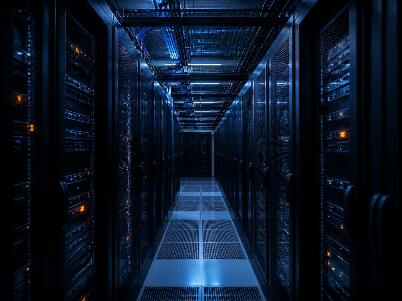 Secure data centre corridor with server racks and structured fibre trunking