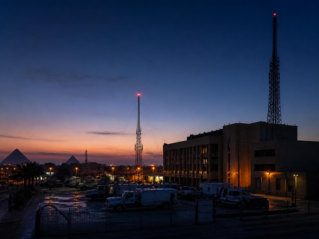 Public infrastructure operations yard with communication masts and service vehicles at dusk